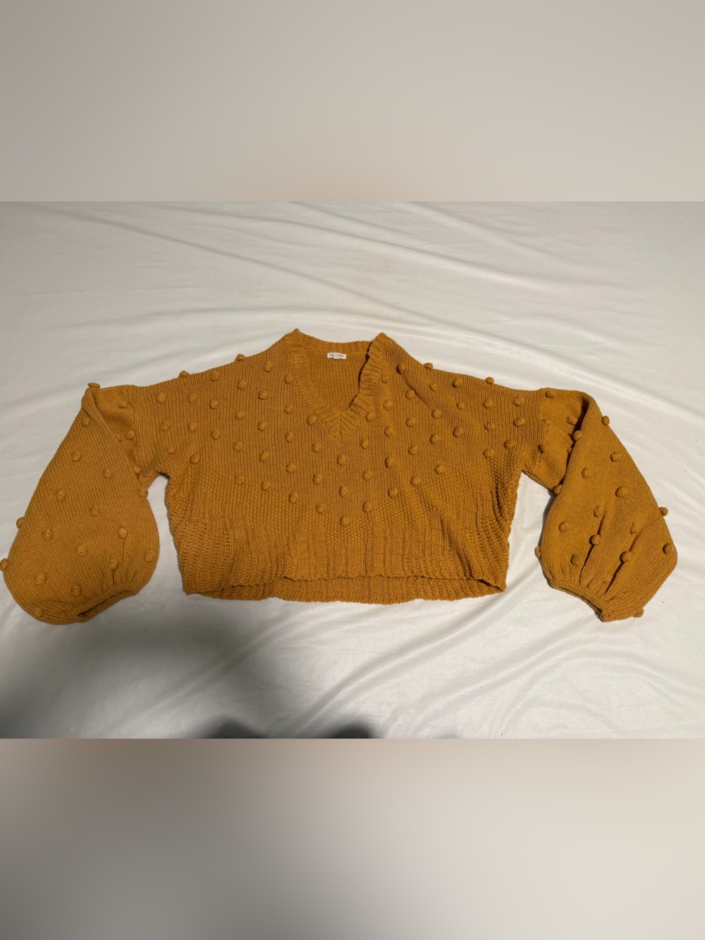 Textured Pom-Pom Cropped Knit Sweater - Mustard NWOT